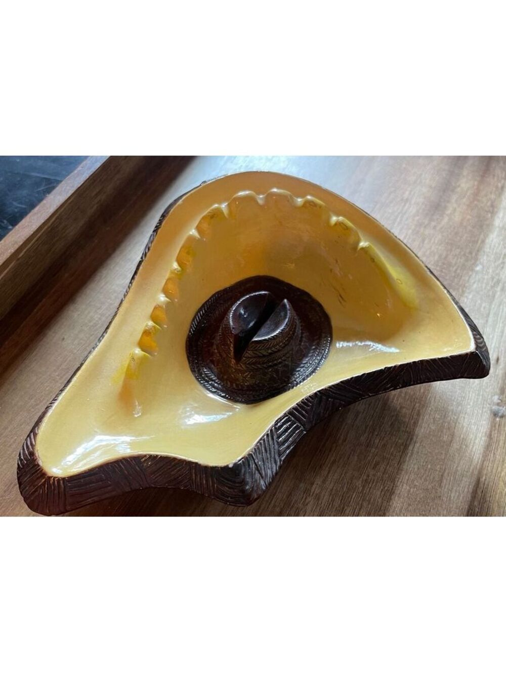 Vintage Ceramic Cowboy Hat Mid-Century Modern Ashtray with Yellow Interior-1960s